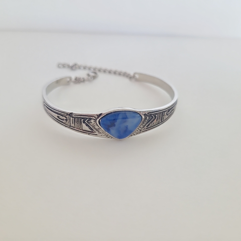 Vintage Silver Tone Blue Stone Bracelet Etched Cuff Adjustable Boho